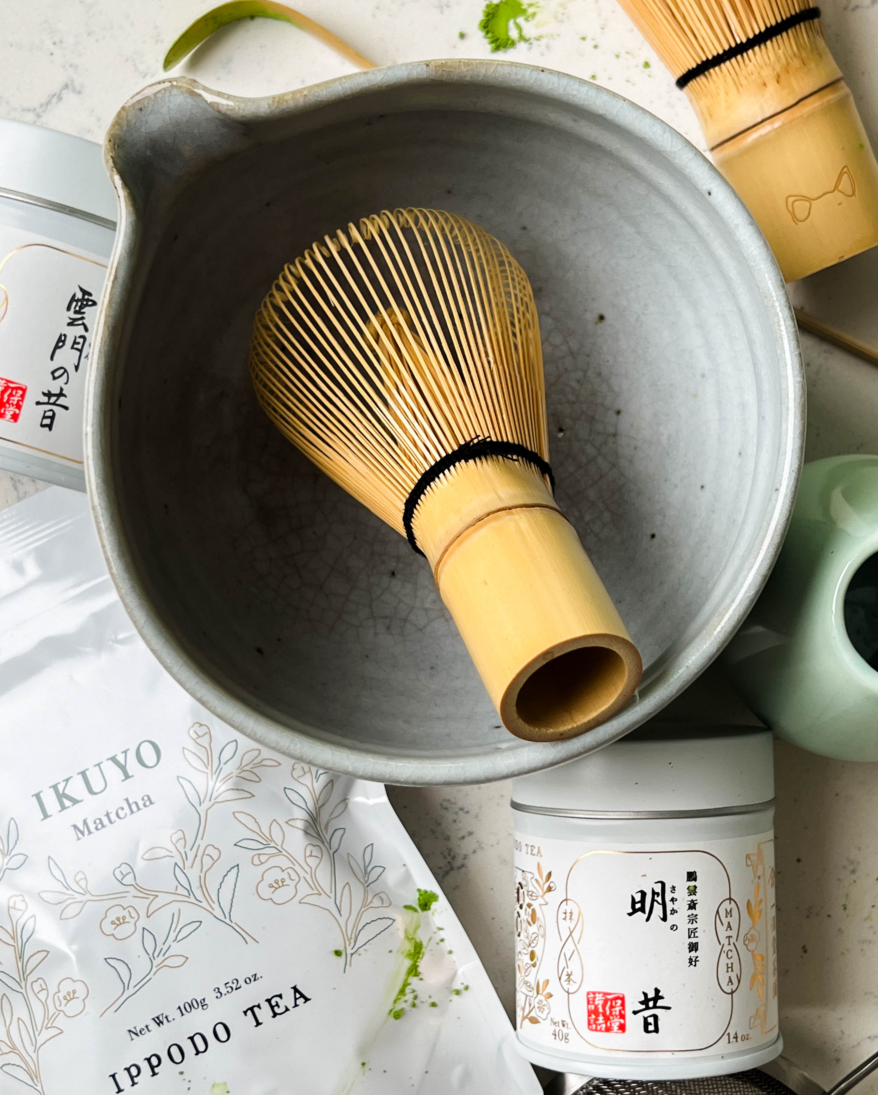 matcha equipment on white counter
