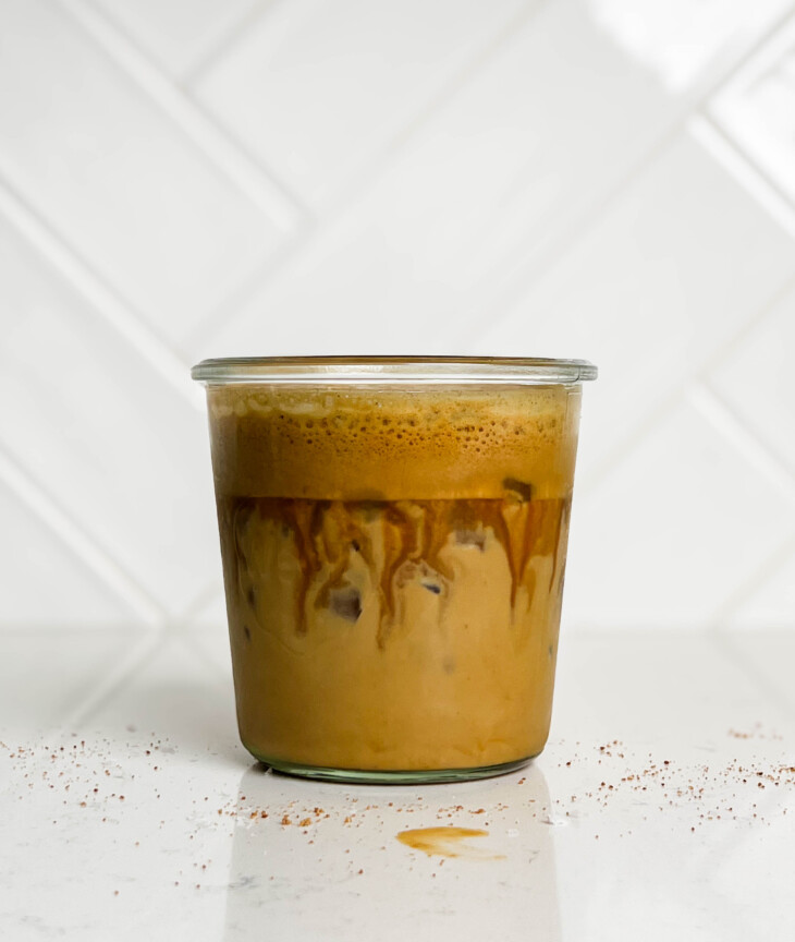iced coconut sugar shaken espresso in a glass jar