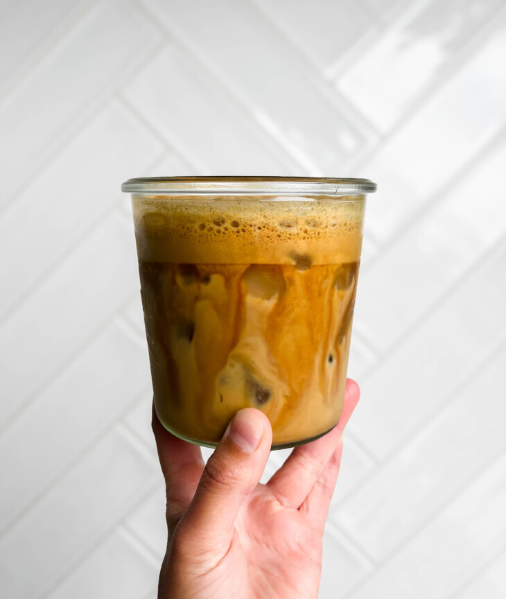 iced coconut sugar shaken espresso in a glass jar