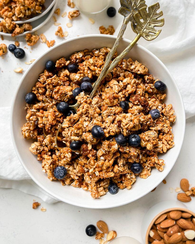 homemade cereal in a bowl with milk and blueberries