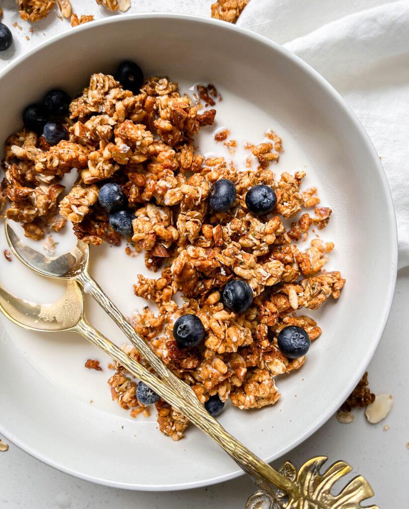 homemade honey nut cereal in a bowl with milk and blueberries