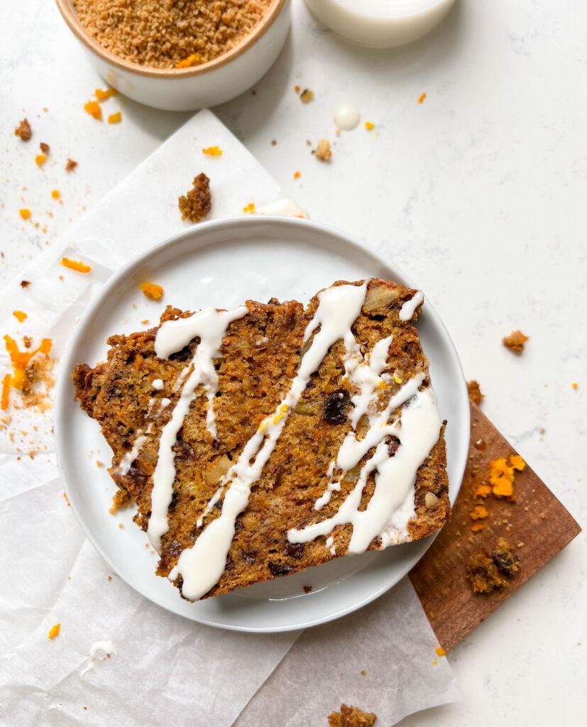 slice of carrot cake banana bread on a plate