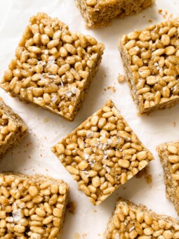 healthy rice krispie treats with flaky salt on top