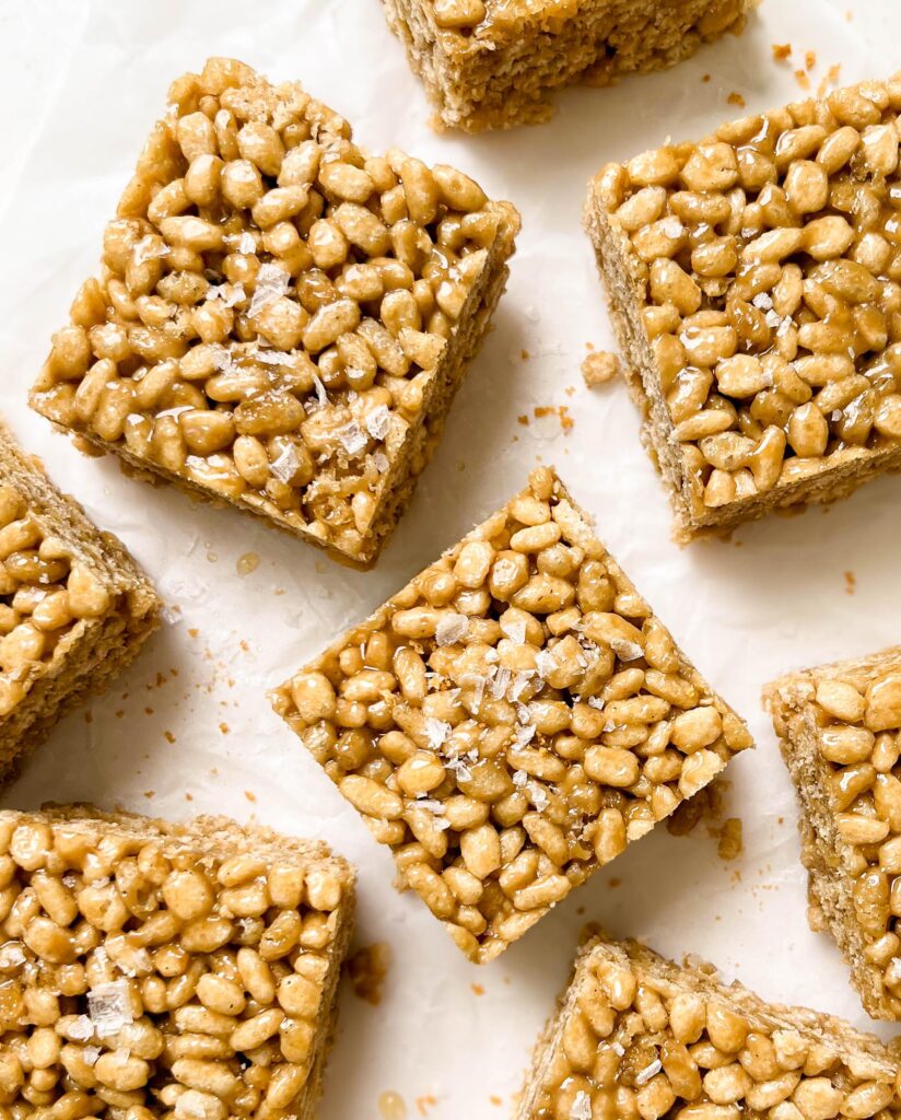 healthy rice krispie treats with flaky salt on top