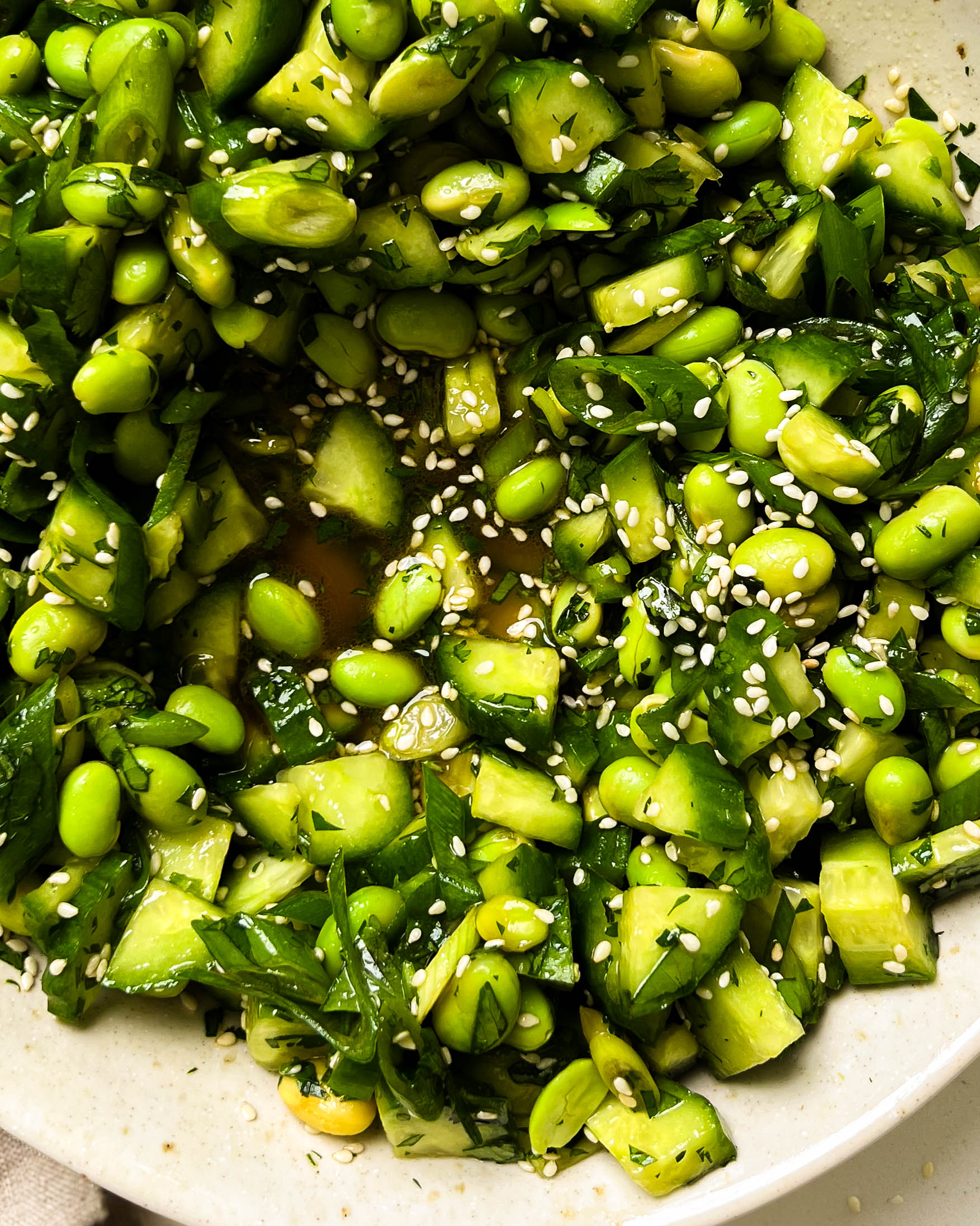 cucumber edamame salad in a bowl