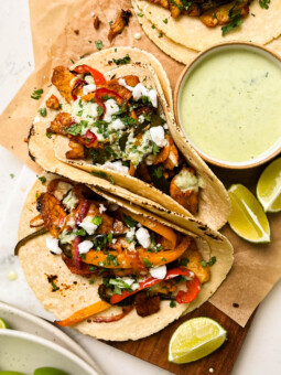 vegan sheet-pan fajitas on a cutting board
