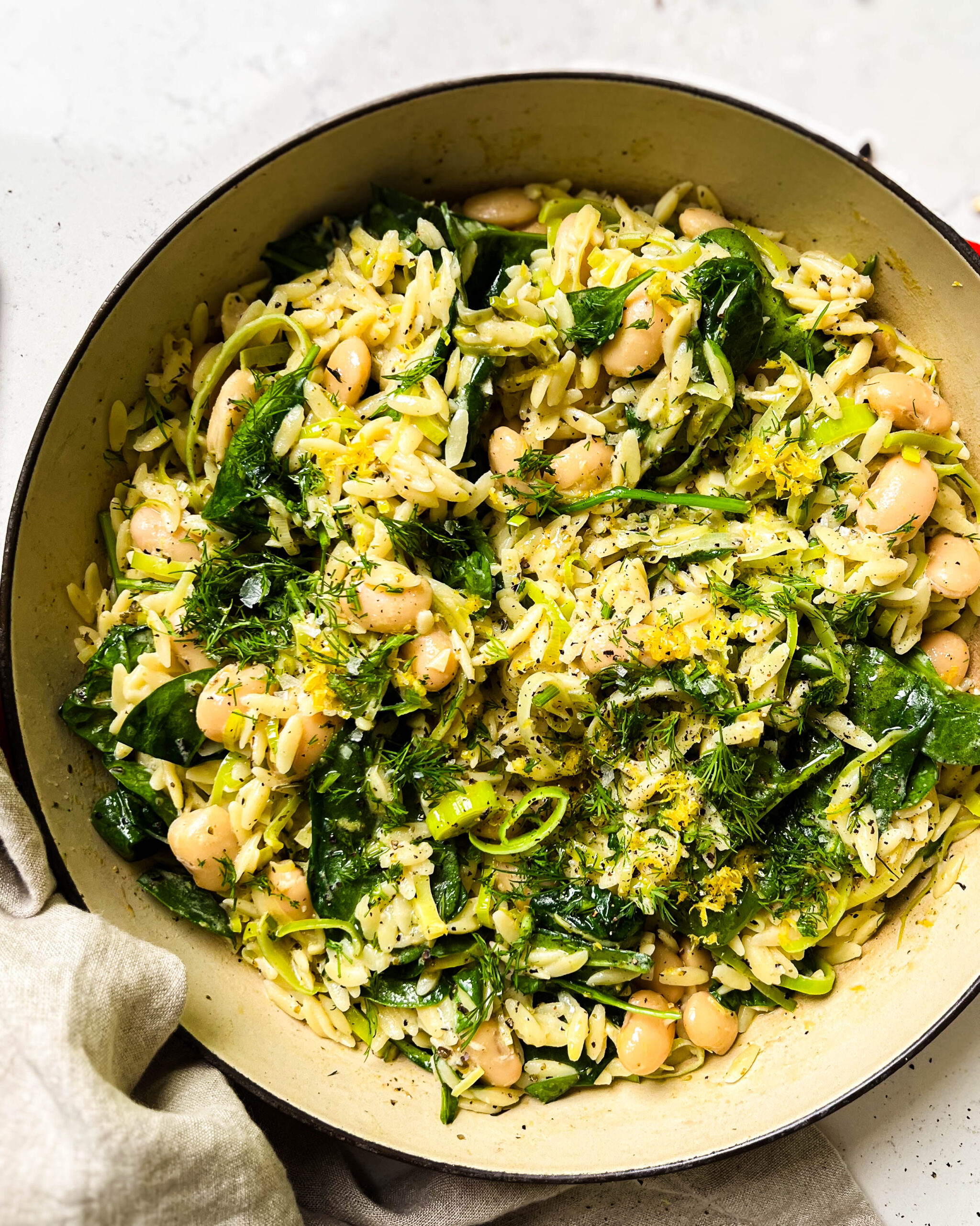 leek orzo in a pan