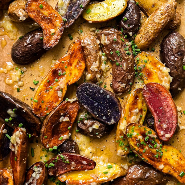 roasted fingerling potatoes on a sheet pan