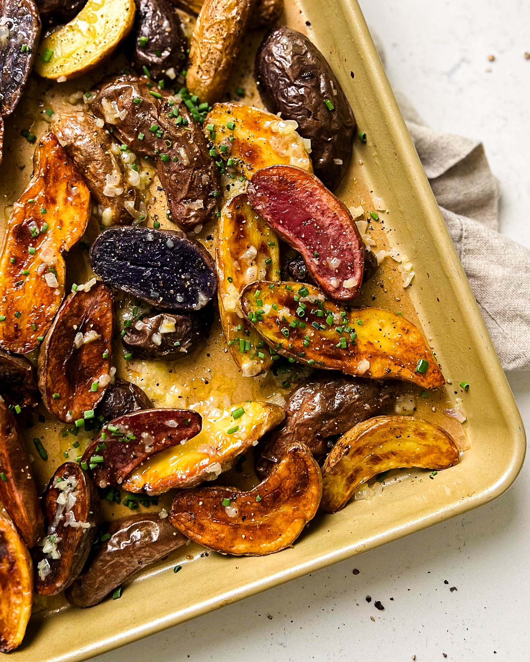 roasted fingerling potatoes on a sheet pan