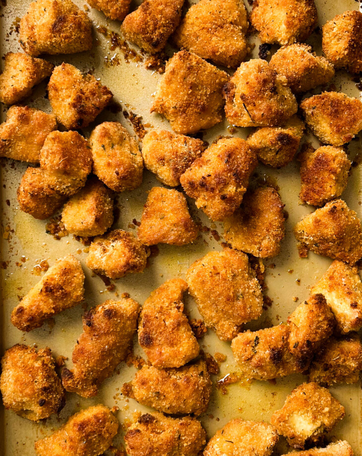 tofu nuggets on a sheet pan