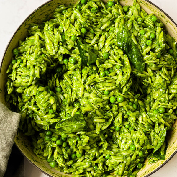 spring greens orzo in a pan