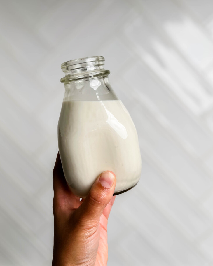 homemade nut milk in a glass jar