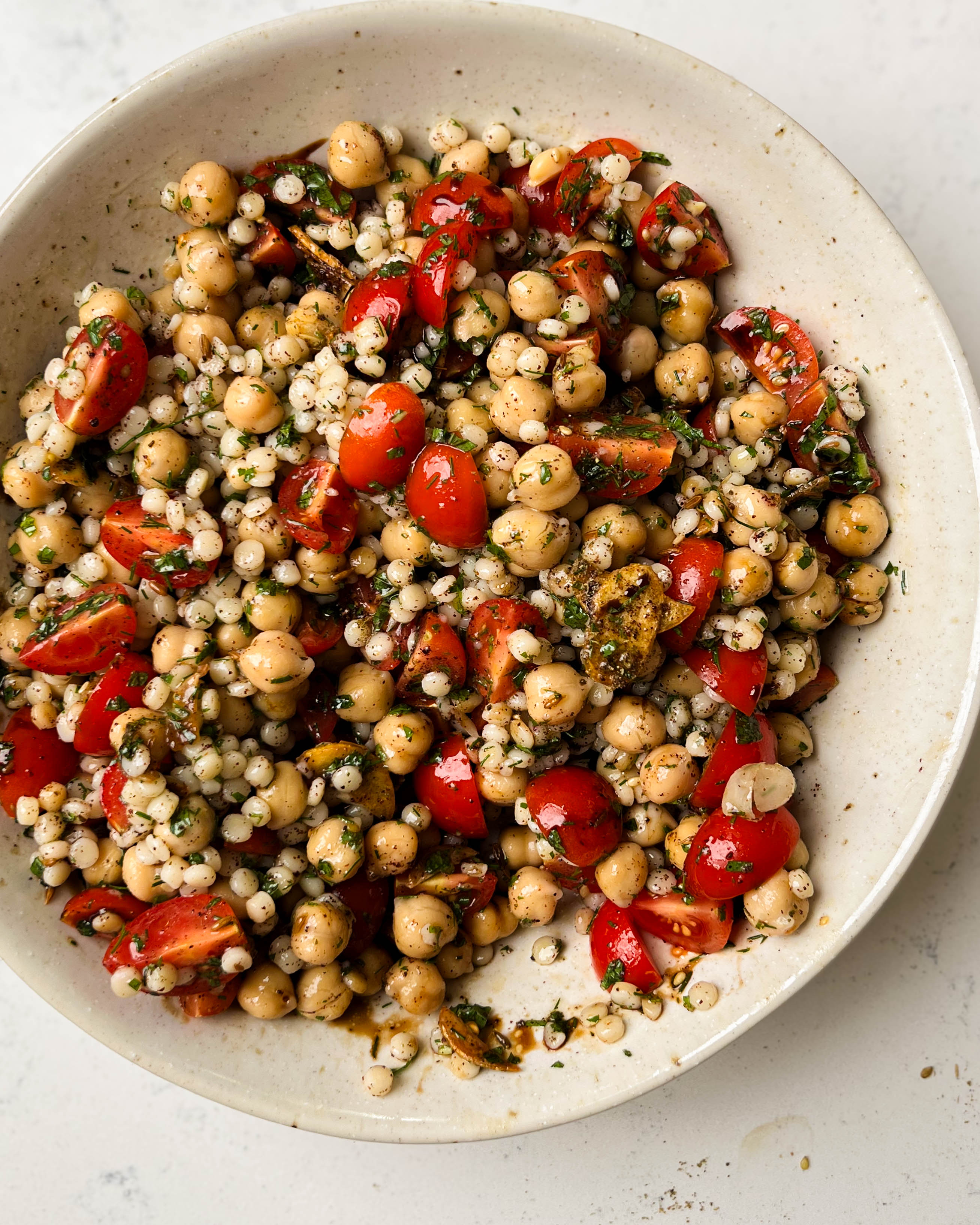 cherry tomato chickpea salad in a bowl