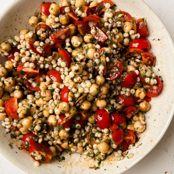 cherry tomato chickpea salad in a bowl
