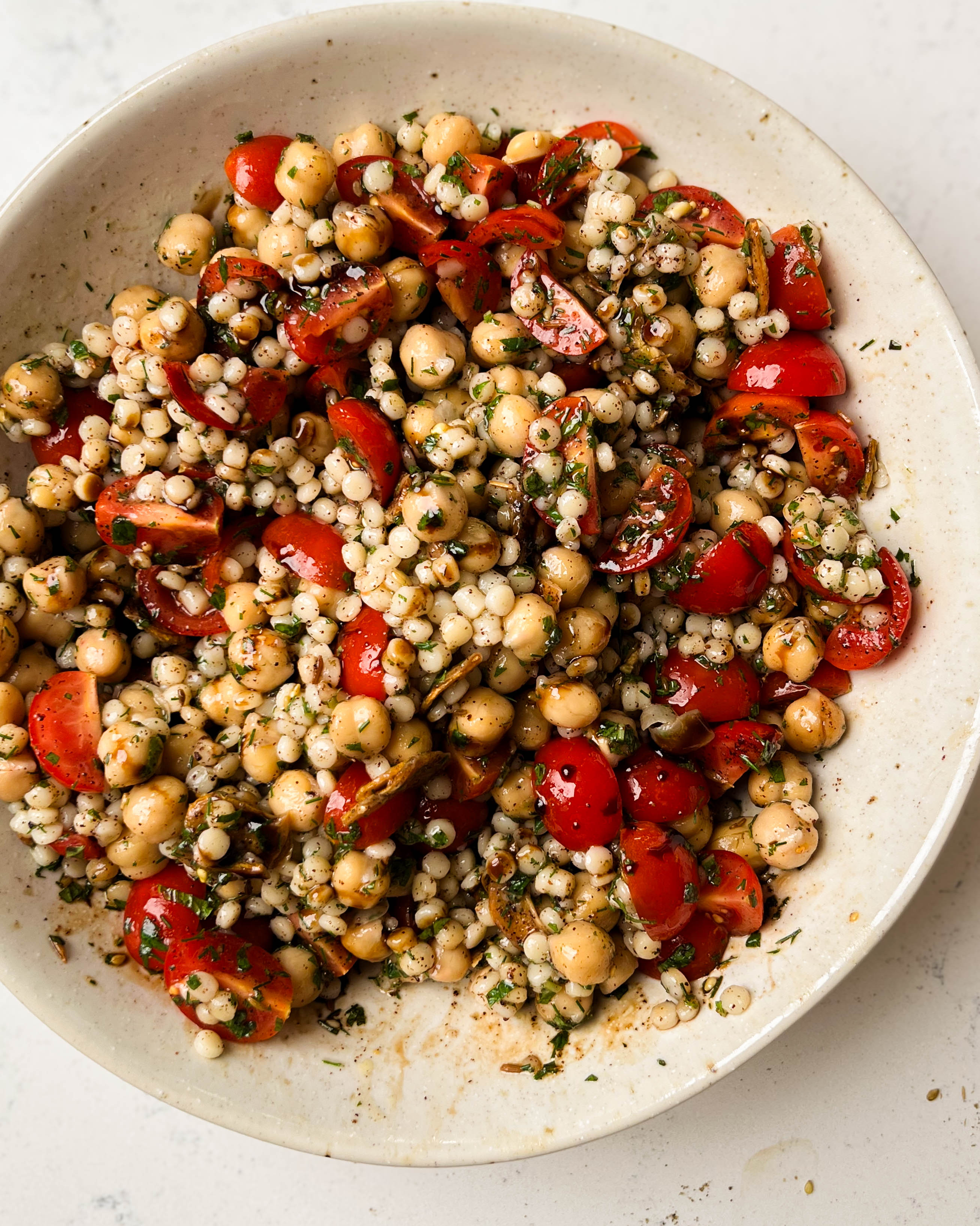 cherry tomato chickpea salad in a bowl