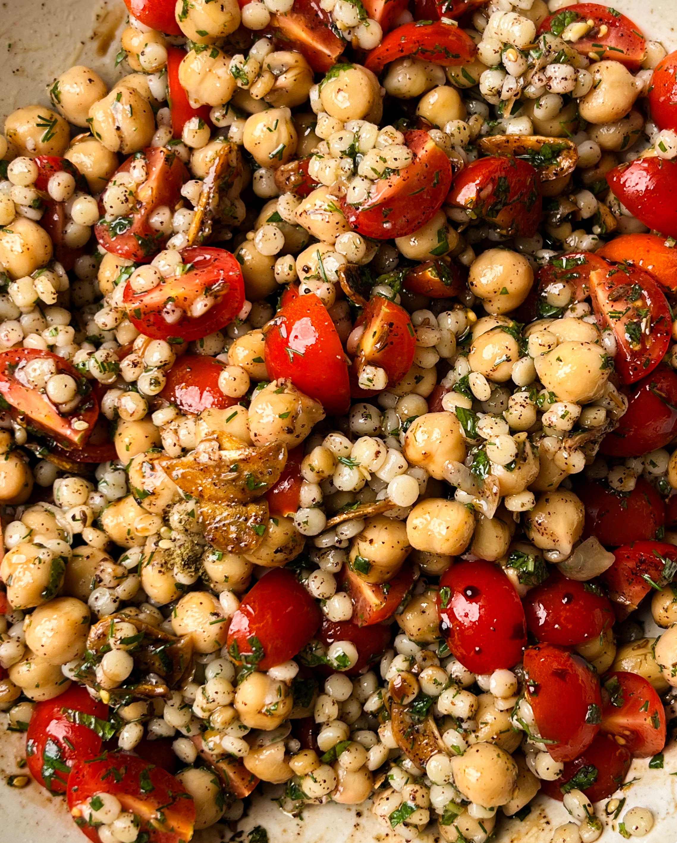 cherry tomato chickpea salad in a bowl