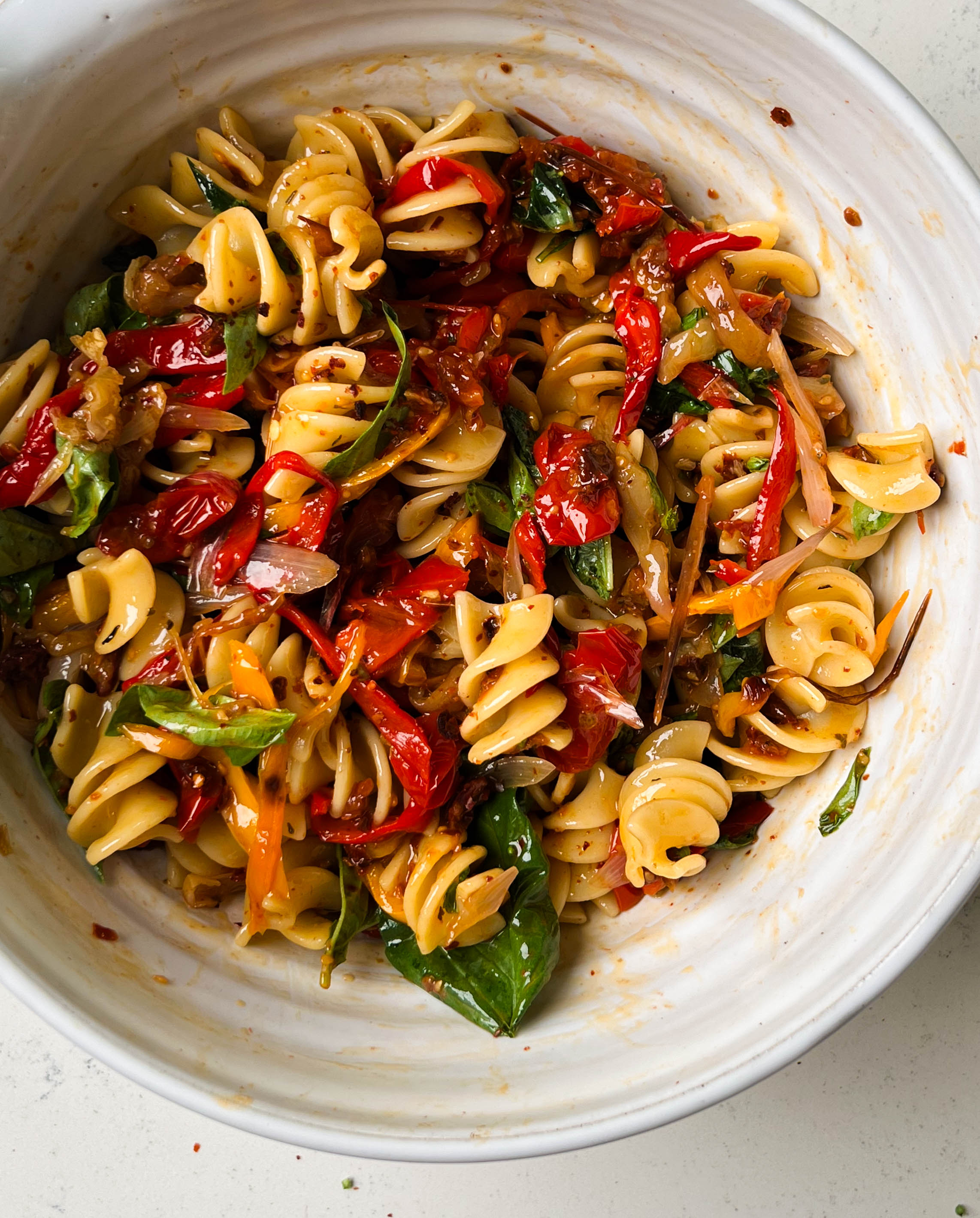 roast pepper pasta salad in a bowl