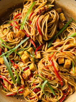 red pepper chili crisp noodles in pan