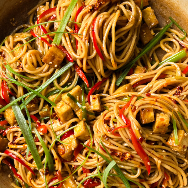 red pepper chili crisp noodles in pan