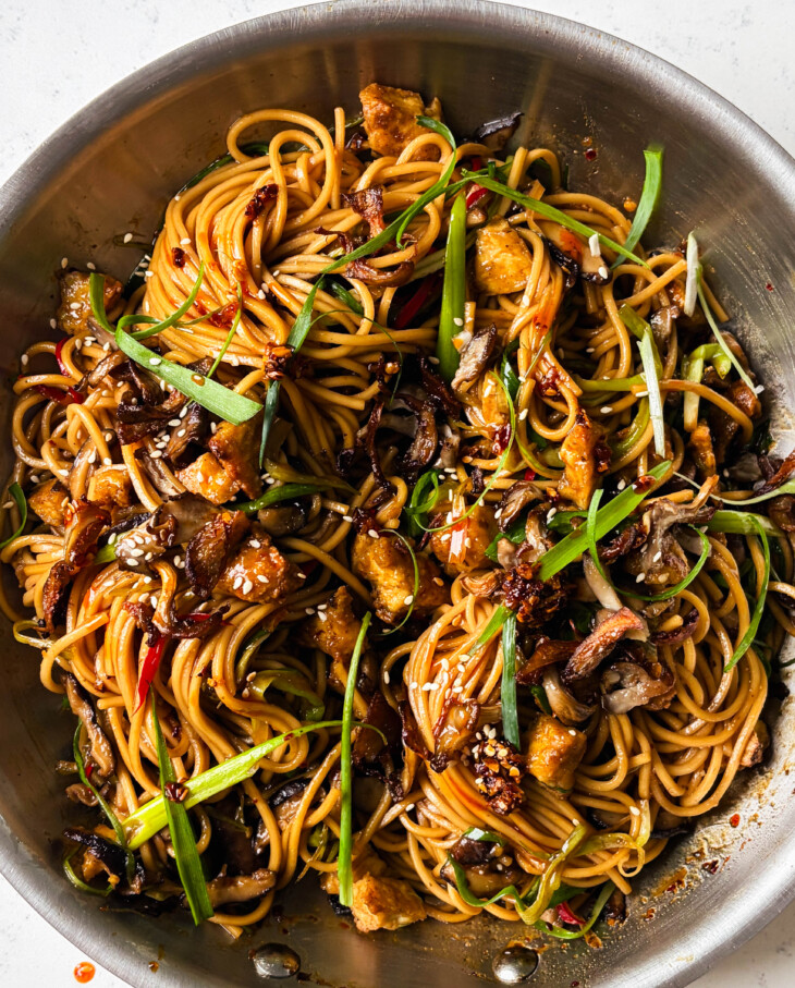 miso mushroom noodles in a skillet