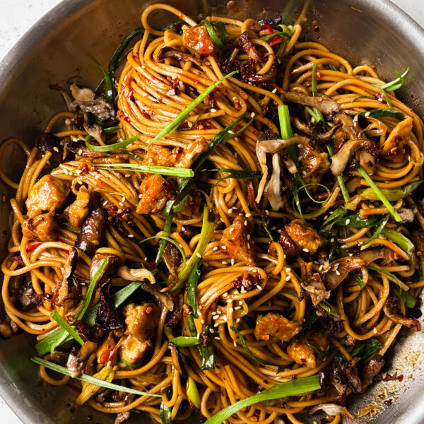 miso mushroom noodles in a skillet